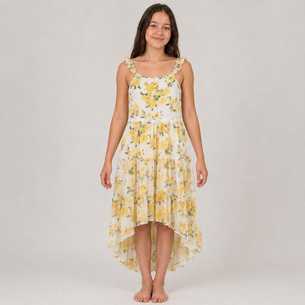 Lilt Floral High-Low Tiered Maxi Dress Size 16 Yellow White